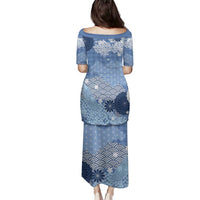 Blue Palaka Japanese Patterns Family Matching Puletasi and Hawaiian Shirt Asanoha Seigaiha Sakura Motif LT14 - Polynesian Pride