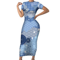 Blue Palaka Japanese Patterns Family Matching Short Sleeve Bodycon Dress and Hawaiian Shirt Asanoha Seigaiha Sakura Motif LT14 Mom's Dress Blue - Polynesian Pride