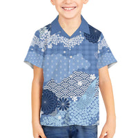 Blue Palaka Japanese Patterns Family Matching Tank Maxi Dress and Hawaiian Shirt Asanoha Seigaiha Sakura Motif LT14 Son's Shirt Blue - Polynesian Pride