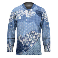 Blue Palaka Japanese Patterns Hockey Jersey Asanoha Seigaiha Sakura Motif - Polynesian Pride