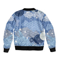 Blue Palaka Japanese Patterns Sleeve Zip Bomber Jacket Asanoha Seigaiha Sakura Motif - Polynesian Pride
