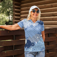 Blue Palaka Japanese Patterns Women Polo Shirt Asanoha Seigaiha Sakura Motif - Polynesian Pride