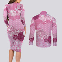 Pink Palaka Japanese Patterns Couples Matching Long Sleeve Bodycon Dress and Long Sleeve Button Shirt Asanoha Seigaiha Sakura Motif LT14 - Polynesian Pride