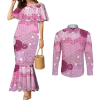 Pink Palaka Japanese Patterns Couples Matching Mermaid Dress and Long Sleeve Button Shirt Asanoha Seigaiha Sakura Motif LT14 Pink - Polynesian Pride