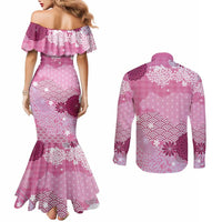 Pink Palaka Japanese Patterns Couples Matching Mermaid Dress and Long Sleeve Button Shirt Asanoha Seigaiha Sakura Motif LT14 - Polynesian Pride