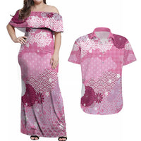 Pink Palaka Japanese Patterns Couples Matching Off Shoulder Maxi Dress and Hawaiian Shirt Asanoha Seigaiha Sakura Motif LT14 Pink - Polynesian Pride