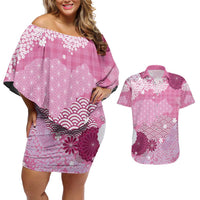 Pink Palaka Japanese Patterns Couples Matching Off Shoulder Short Dress and Hawaiian Shirt Asanoha Seigaiha Sakura Motif LT14 Pink - Polynesian Pride