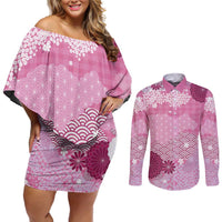 Pink Palaka Japanese Patterns Couples Matching Off Shoulder Short Dress and Long Sleeve Button Shirt Asanoha Seigaiha Sakura Motif LT14 Pink - Polynesian Pride