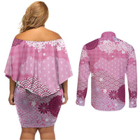 Pink Palaka Japanese Patterns Couples Matching Off Shoulder Short Dress and Long Sleeve Button Shirt Asanoha Seigaiha Sakura Motif LT14 - Polynesian Pride