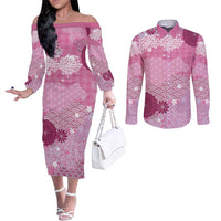 Pink Palaka Japanese Patterns Couples Matching Off The Shoulder Long Sleeve Dress and Long Sleeve Button Shirt Asanoha Seigaiha Sakura Motif LT14 Pink - Polynesian Pride