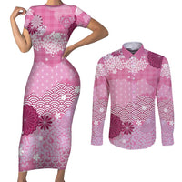 Pink Palaka Japanese Patterns Couples Matching Short Sleeve Bodycon Dress and Long Sleeve Button Shirt Asanoha Seigaiha Sakura Motif LT14 Pink - Polynesian Pride