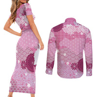 Pink Palaka Japanese Patterns Couples Matching Short Sleeve Bodycon Dress and Long Sleeve Button Shirt Asanoha Seigaiha Sakura Motif LT14 - Polynesian Pride