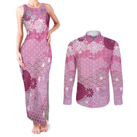 Pink Palaka Japanese Patterns Couples Matching Tank Maxi Dress and Long Sleeve Button Shirt Asanoha Seigaiha Sakura Motif LT14 Pink - Polynesian Pride