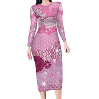 Pink Palaka Japanese Patterns Family Matching Long Sleeve Bodycon Dress and Hawaiian Shirt Asanoha Seigaiha Sakura Motif LT14 Mom's Dress Pink - Polynesian Pride
