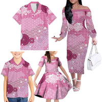 Pink Palaka Japanese Patterns Family Matching Off The Shoulder Long Sleeve Dress and Hawaiian Shirt Asanoha Seigaiha Sakura Motif LT14 - Polynesian Pride