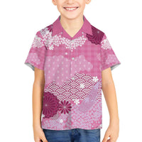 Pink Palaka Japanese Patterns Family Matching Off The Shoulder Long Sleeve Dress and Hawaiian Shirt Asanoha Seigaiha Sakura Motif LT14 Son's Shirt Pink - Polynesian Pride