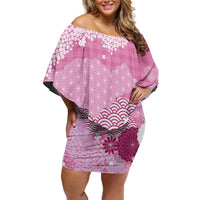 Pink Palaka Japanese Patterns Off Shoulder Short Dress Asanoha Seigaiha Sakura Motif - Polynesian Pride