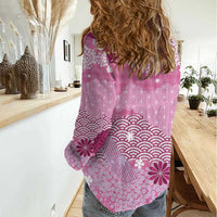 Pink Palaka Japanese Patterns Women Casual Shirt Asanoha Seigaiha Sakura Motif - Polynesian Pride