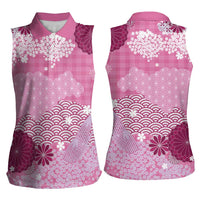 Pink Palaka Japanese Patterns Women Sleeveless Polo Shirt Asanoha Seigaiha Sakura Motif LT14 - Polynesian Pride