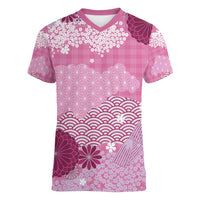 Pink Palaka Japanese Patterns Women V-Neck T-Shirt Asanoha Seigaiha Sakura Motif LT14 Female Pink - Polynesian Pride