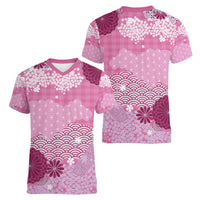 Pink Palaka Japanese Patterns Women V-Neck T-Shirt Asanoha Seigaiha Sakura Motif LT14 - Polynesian Pride