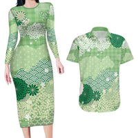 Green Palaka Japanese Patterns Couples Matching Long Sleeve Bodycon Dress and Hawaiian Shirt Asanoha Seigaiha Sakura Motif LT14 Green - Polynesian Pride