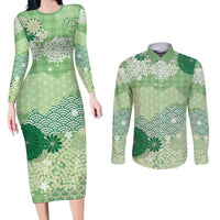 Green Palaka Japanese Patterns Couples Matching Long Sleeve Bodycon Dress and Long Sleeve Button Shirt Asanoha Seigaiha Sakura Motif LT14 Green - Polynesian Pride
