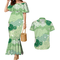 Green Palaka Japanese Patterns Couples Matching Mermaid Dress and Hawaiian Shirt Asanoha Seigaiha Sakura Motif LT14 Green - Polynesian Pride