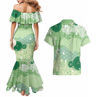 Green Palaka Japanese Patterns Couples Matching Mermaid Dress and Hawaiian Shirt Asanoha Seigaiha Sakura Motif LT14 - Polynesian Pride