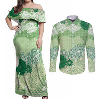 Green Palaka Japanese Patterns Couples Matching Off Shoulder Maxi Dress and Long Sleeve Button Shirt Asanoha Seigaiha Sakura Motif LT14 Green - Polynesian Pride