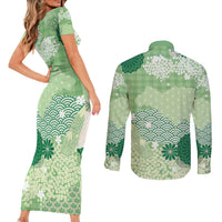 Green Palaka Japanese Patterns Couples Matching Short Sleeve Bodycon Dress and Long Sleeve Button Shirt Asanoha Seigaiha Sakura Motif LT14 - Polynesian Pride