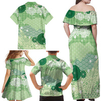 Green Palaka Japanese Patterns Family Matching Off Shoulder Maxi Dress and Hawaiian Shirt Asanoha Seigaiha Sakura Motif LT14 - Polynesian Pride