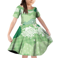 Green Palaka Japanese Patterns Family Matching Off Shoulder Short Dress and Hawaiian Shirt Asanoha Seigaiha Sakura Motif LT14 Daughter's Dress Green - Polynesian Pride