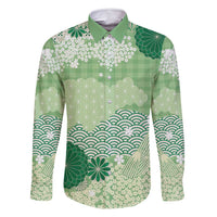 Green Palaka Japanese Patterns Family Matching Off Shoulder Short Dress and Hawaiian Shirt Asanoha Seigaiha Sakura Motif LT14 Dad's Shirt - Long Sleeve Green - Polynesian Pride