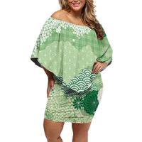 Green Palaka Japanese Patterns Family Matching Off Shoulder Short Dress and Hawaiian Shirt Asanoha Seigaiha Sakura Motif LT14 Mom's Dress Green - Polynesian Pride