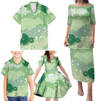 Green Palaka Japanese Patterns Family Matching Puletasi and Hawaiian Shirt Asanoha Seigaiha Sakura Motif LT14 - Polynesian Pride