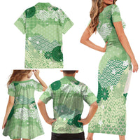 Green Palaka Japanese Patterns Family Matching Short Sleeve Bodycon Dress and Hawaiian Shirt Asanoha Seigaiha Sakura Motif LT14 - Polynesian Pride