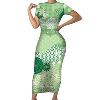 Green Palaka Japanese Patterns Family Matching Short Sleeve Bodycon Dress and Hawaiian Shirt Asanoha Seigaiha Sakura Motif LT14 Mom's Dress Green - Polynesian Pride