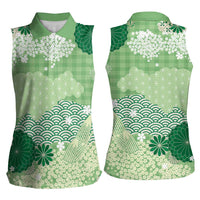 Green Palaka Japanese Patterns Women Sleeveless Polo Shirt Asanoha Seigaiha Sakura Motif LT14 - Polynesian Pride