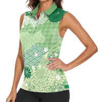 Green Palaka Japanese Patterns Women Sleeveless Polo Shirt Asanoha Seigaiha Sakura Motif LT14 - Polynesian Pride