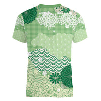 Green Palaka Japanese Patterns Women V-Neck T-Shirt Asanoha Seigaiha Sakura Motif LT14 - Polynesian Pride