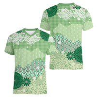 Green Palaka Japanese Patterns Women V-Neck T-Shirt Asanoha Seigaiha Sakura Motif LT14 - Polynesian Pride