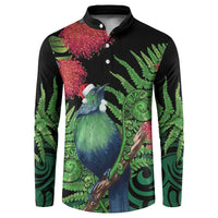 New Zealand Tui Bird Christmas Button Sweatshirt Maori Fern Mix Pohotukawa LT14 Black - Polynesian Pride