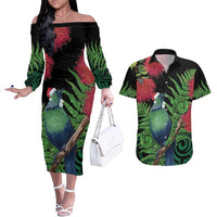 New Zealand Tui Bird Christmas Couples Matching Off The Shoulder Long Sleeve Dress and Hawaiian Shirt Maori Fern Mix Pohotukawa LT14 Black - Polynesian Pride