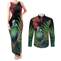 New Zealand Tui Bird Christmas Couples Matching Tank Maxi Dress and Long Sleeve Button Shirt Maori Fern Mix Pohotukawa LT14 Black - Polynesian Pride