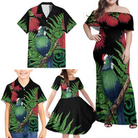 New Zealand Tui Bird Christmas Family Matching Off Shoulder Maxi Dress and Hawaiian Shirt Maori Fern Mix Pohotukawa LT14 - Polynesian Pride