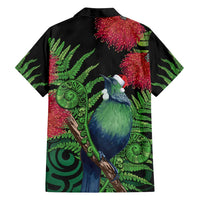 New Zealand Tui Bird Christmas Family Matching Off Shoulder Short Dress and Hawaiian Shirt Maori Fern Mix Pohotukawa LT14 - Polynesian Pride