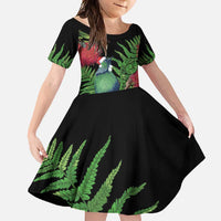 New Zealand Tui Bird Christmas Family Matching Summer Maxi Dress and Hawaiian Shirt Maori Fern Mix Pohotukawa LT14 Daughter's Dress Black - Polynesian Pride