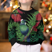 New Zealand Tui Bird Christmas Kid Ugly Christmas Sweater Maori Fern Mix Pohotukawa LT14 - Polynesian Pride