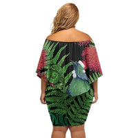 New Zealand Tui Bird Christmas Off Shoulder Short Dress Maori Fern Mix Pohotukawa LT14 - Polynesian Pride